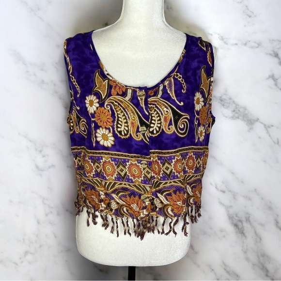 Vintage 90s MAGIC Whimsigoth Boho Floral Fringe Button Down Scoop Neck Tank - Picture 3 of 11